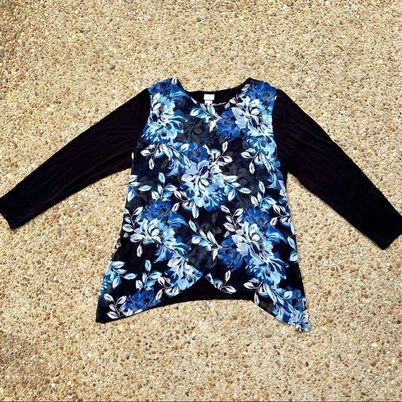 Chico's Floral Double Front Layered Long Sleeve Tunic Blouse Size 3 XL 16 - Picture 2 of 9